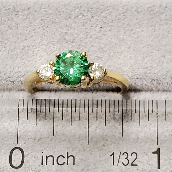 14k Solid Yellow Gold Round Brilliant Cut Green Emerald & Diamond Ring - Picture 10 of 12